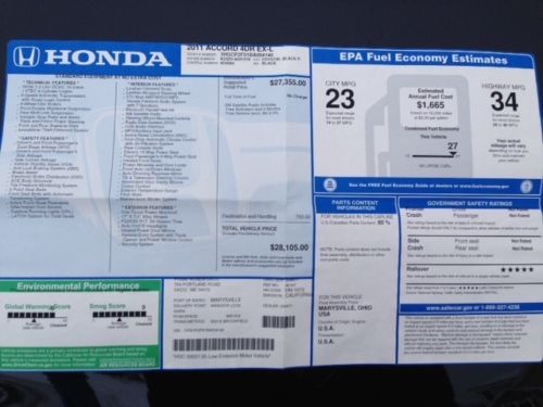 2011 Honda Accord EX-L Sedan 4-Door 2.4L, US $17,500.00, image 1