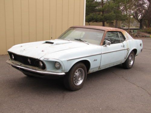 1969 ford mustang gt coupe 351w 2v at, a/c, tach, 8 track, aztec aqua 1of1 made