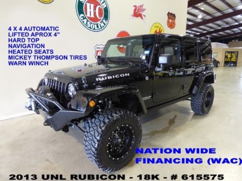 13 wrangler unlimited rubicon 4x4,auto,lifted,bumpers,nav,htd lth,fuel whls,18k!