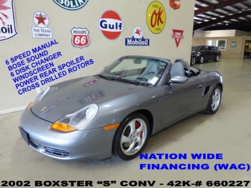 02 boxster s conv,6 speed trans,pwr soft top,lth,bose,17in whls,42k,we finance!!
