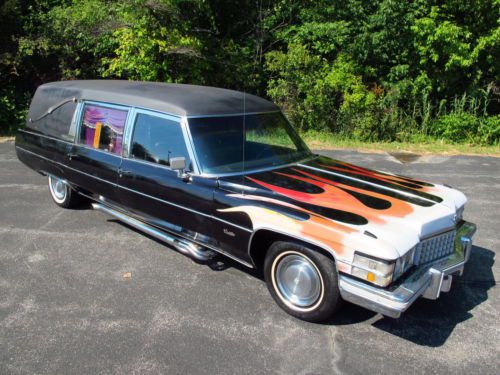 1974 cadillac miller-meteor hearse funeral car, flames &amp; sidepipes! 472 v8