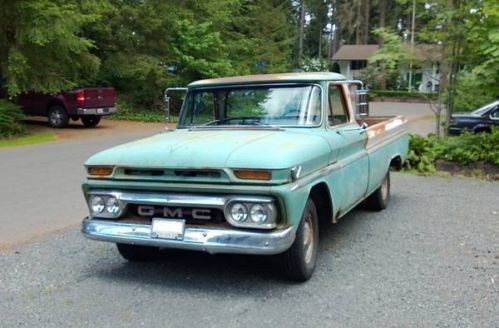 1965 gmc fleetside v/6 3sp custom cab big back window great patina like apache
