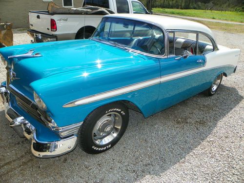 Beautiful blue and white 1956 belair 210 post