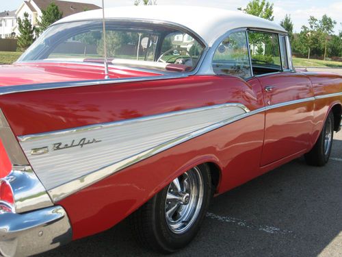1957 chevy classic bel air 2 door hardtop red with white hardtop