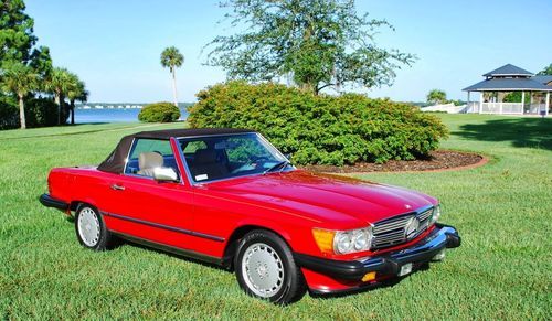 1987 mercedes 560sl signal red with palamino leather hardtop low miles beautiful