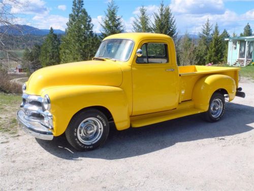 1954 chevrolet yellow 1/2 ton stepside pickup  6 cyl 3 speed w/ 3 window cab