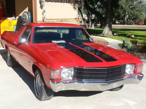 1972 chevrolet el camino base 5.7l 350cu. in. v8; red w/black racing stripes