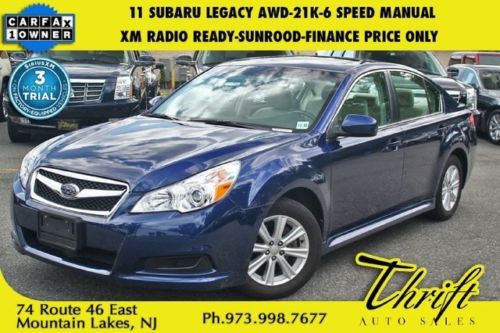 11 subaru legacy-21k-6 speed manual-xm radio ready-sunrood-finance price only