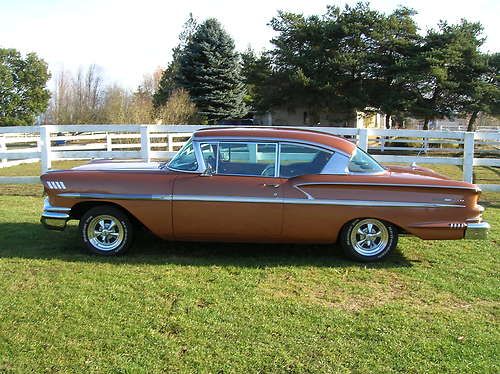 1958 chevy 2-door hardtop, bronze, 350 cu. in. with 3-speed manual, great driver