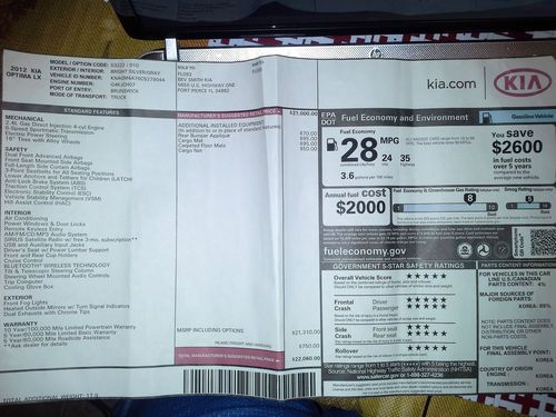 2012 Kia Optima LX Sedan 4-Door 2.4L LOW MILES, SPORTY Florida Car, image 14