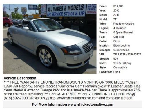 Audi TT Roadster Quattro 6 Speed Manual Silver 63851 4-Cylinder 1.8L L4 DOHC 20V, image 4