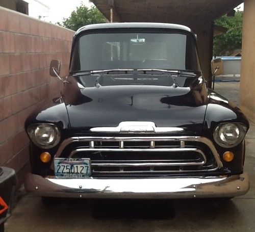 57 chevy truck long bed, navy blue with chrome