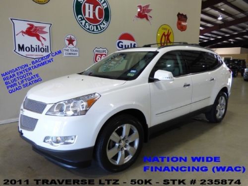 2011 traverse ltz,sunroof,nav,rear dvd,htd/cool lth,20in whls,50k,we finance!!