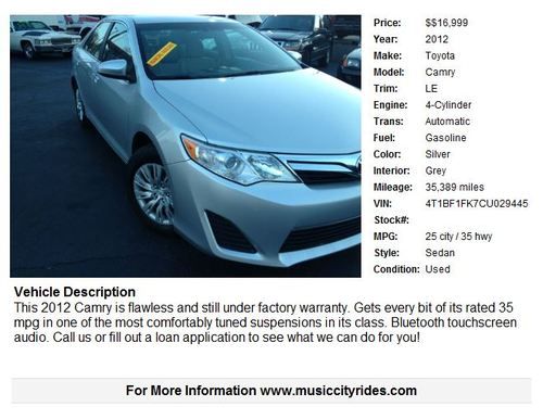 2012 Toyota Camry 35k Miles Perfect Bluetooth NR No Reserve Relisted b/c non pay, image 8
