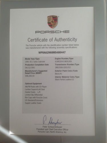 1991 Porsche 911 (964) Black Convertible Turbo One of a kind Certificate, image 9