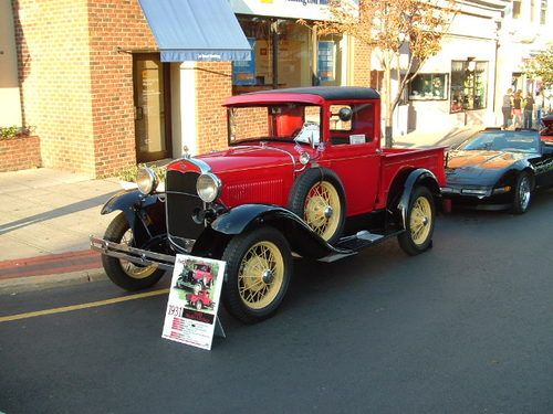 1931 ford model a wide bed pickup  red, black fenders straw wheels show cond