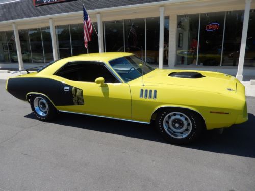 1971 plymouth cuda curious yellow 340 pistol grip 4 speed rotisserie restored