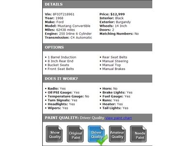 1968 Ford Mustang Convertible 250 Inline 6 Cylinder Automatic CHECK THIS ONE OUT, image 31
