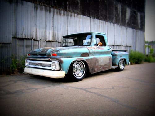 1966 chevy c10 short bed step side bagged rat rod shop truck air ride patina