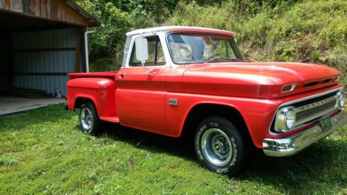 1966 red chevy stepside runs looks great 75,689 original mi barn kept.