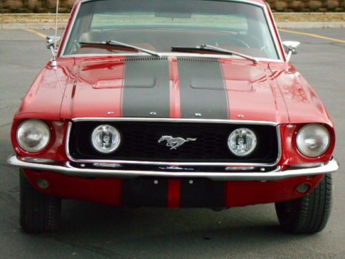 1967 68 mustang factory red on red, restodmod, black carbon fiber shelby stripes