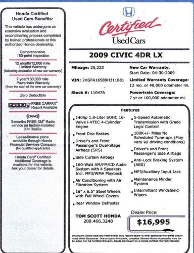 2009 Honda Civic LX Sedan 4-Door 1.8L Automatic - Super Low Miles!, image 17