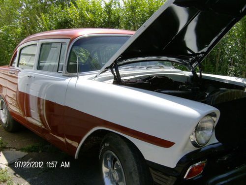 1956 chevy 4 door post painted white pearl &amp; metallic orange &amp; sun shows colors