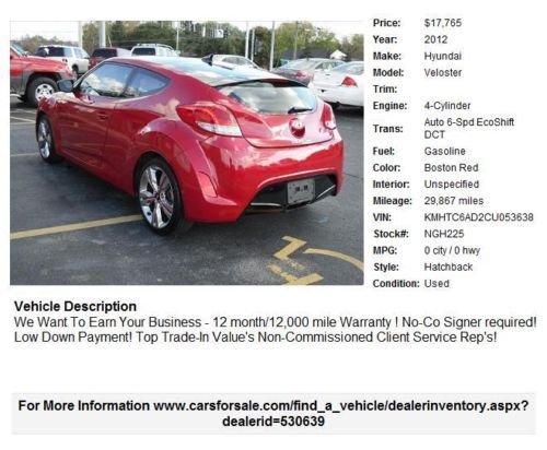 2012 Hyundai Veloster Base Hatchback 3-Door 1.6L, US $17,765.00, image 3
