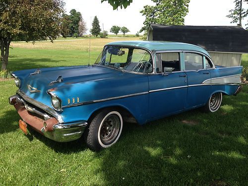 57 chevy bel air  4dr  2 tone blue  v8 all original barn find  runs &amp; drives!