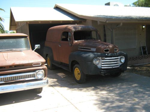 1950 ford panel truck, no motor or trans has typical dents dings and rust