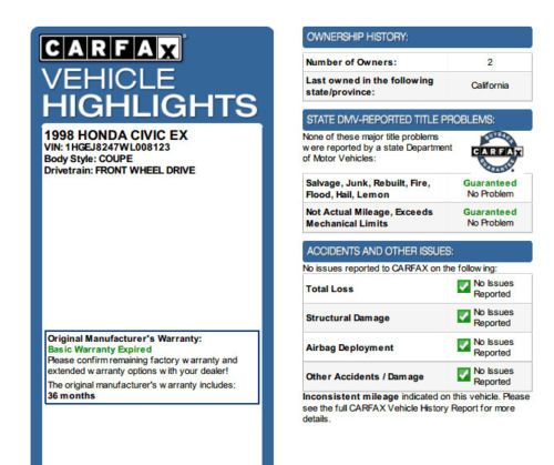 1998 Honda Civic EX White coupe 2 door stock / Clean / Gas saver, image 8