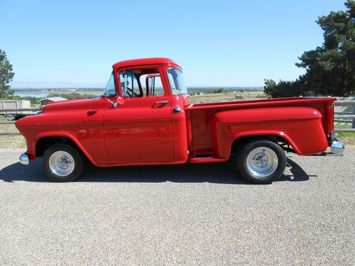 1955 chevy apache. off frame restoration, red, 327 v-8, muncie 4 speed on floor