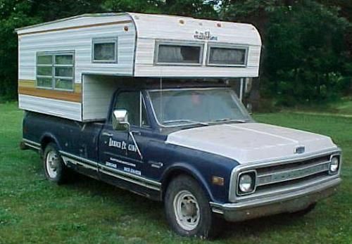 1969 chevrolet  3/4  ton pickup w/ idle time overhead camper runs good no reserve