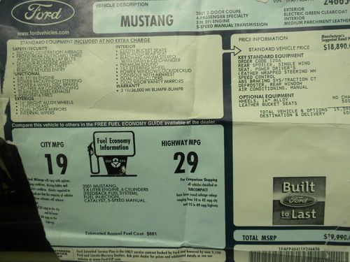 2001 Ford Mustang Base Coupe 2-Door 3.8L Leather 5 Speed Manual, US $7,900.00, image 2