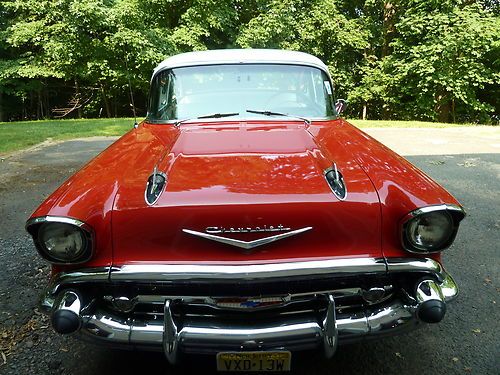 1957 chevy 210, 2 dr, red and white - featured in super chevy magazine