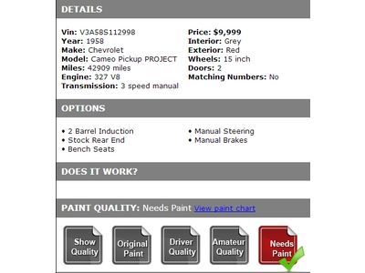 1958 Chevrolet Cameo Pickup Project 327 V8 3 Speed Manual Bench Seat LOOK, US $9,999.00, image 4