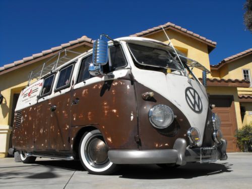 1962 bus walk thru camper patina rat rod logo surf